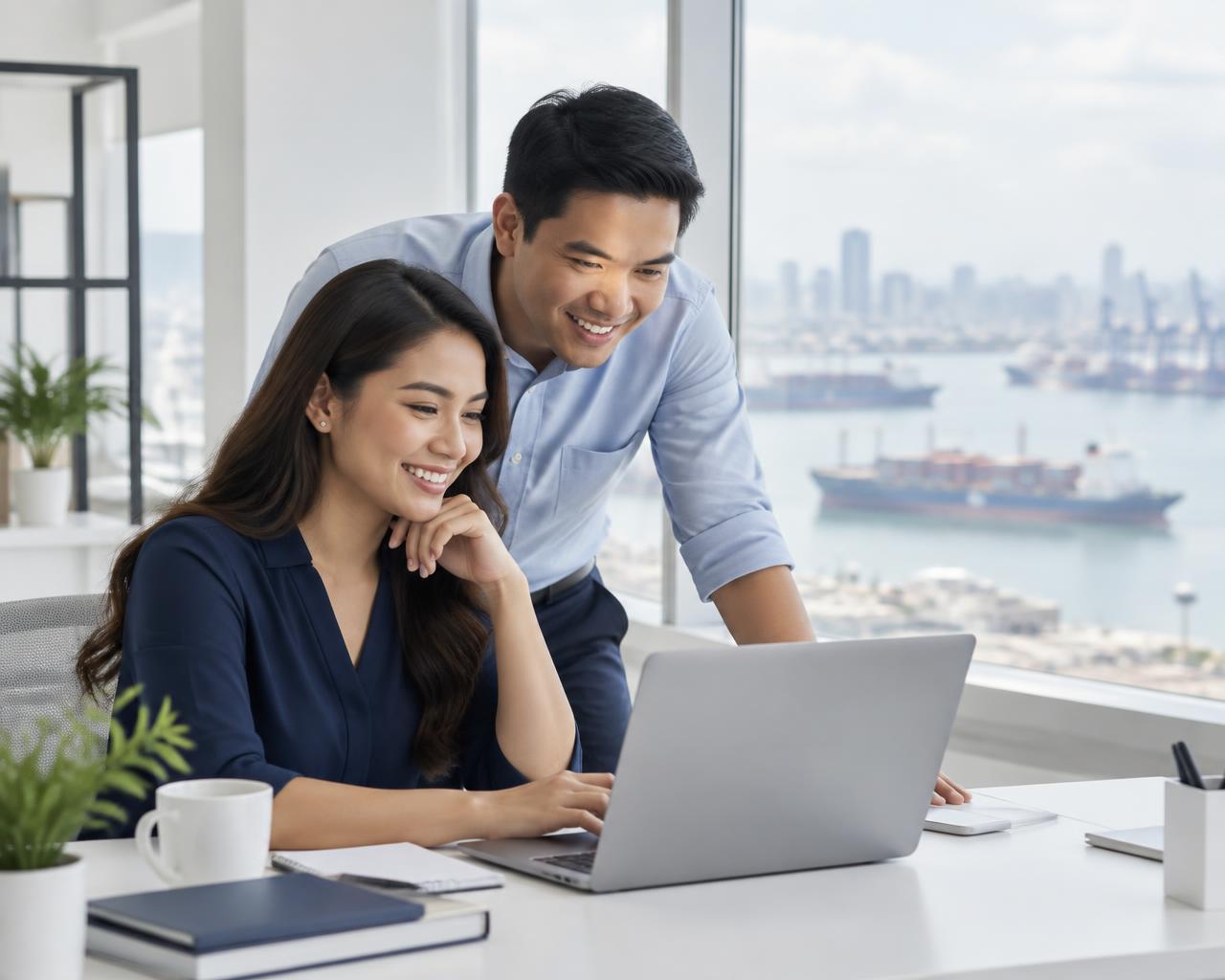 Two FMSS colleagues smiling at a laptop in a bright Manila office overlooking the harbour